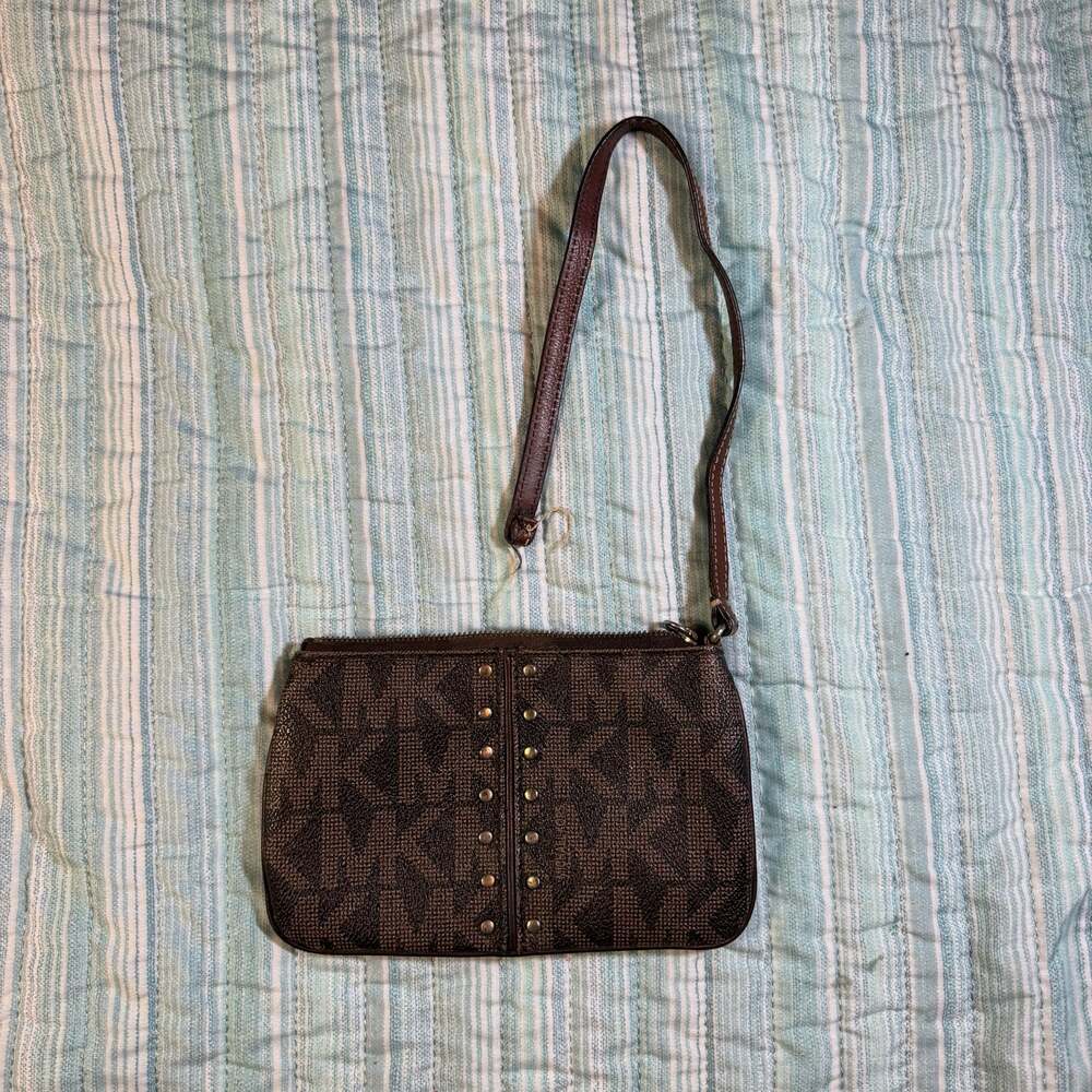 Michael Kors Signature Logo Brown Jacquard Studded Wristlet